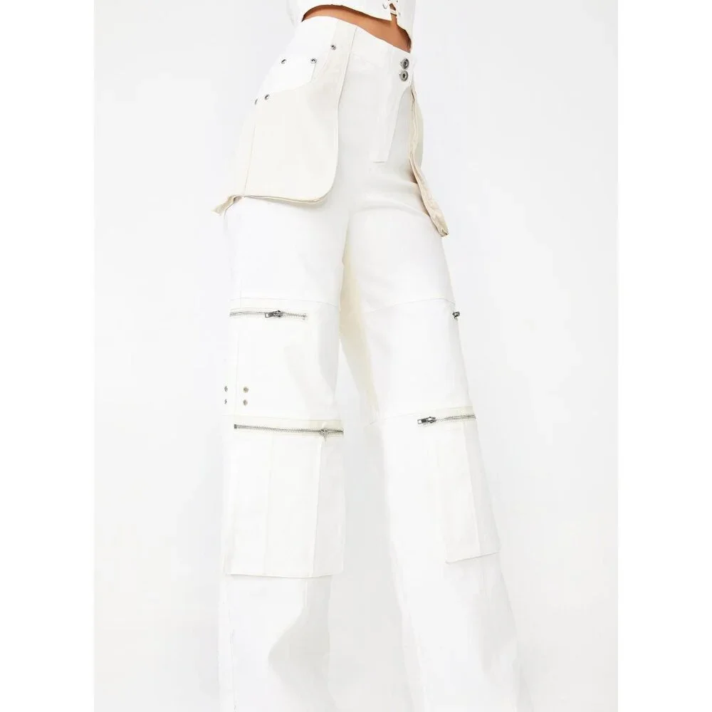 I.AM.GIA. BLAZE Raw Hem High Waisted Cargo Streetwear Pants Cream Women’s Sz L - Picture 3 of 12